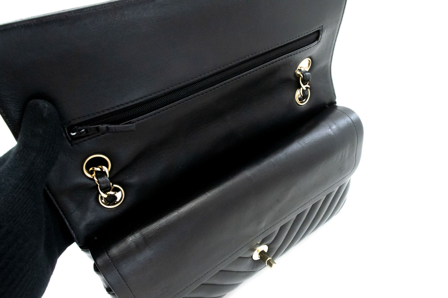 CHANEL V-Stitch Double Flap 10" Chain Shoulder Bag Black Lambskin ai5 hannari-shop