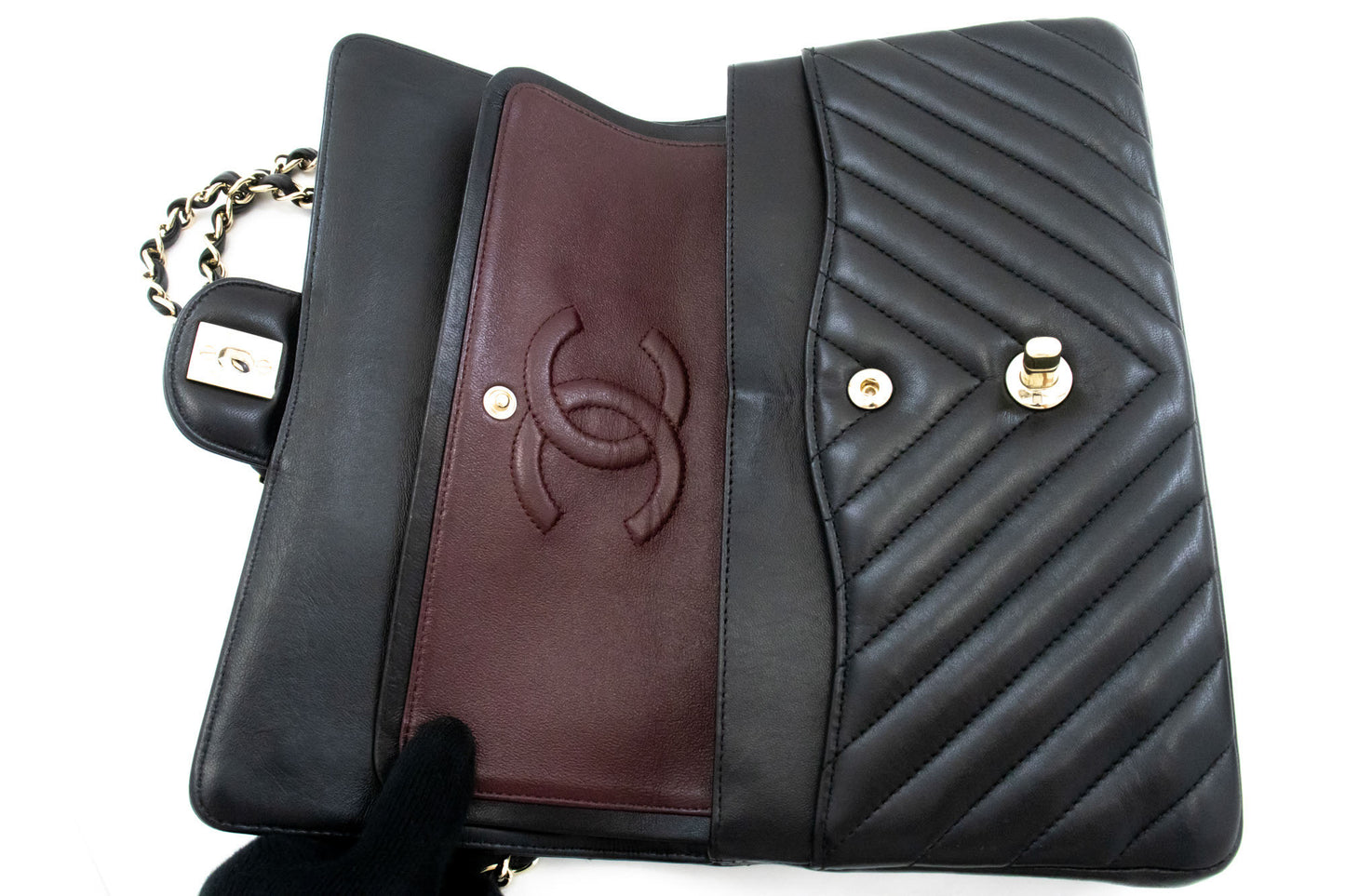 CHANEL V-Stitch Double Flap 10" Chain Shoulder Bag Black Lambskin ai5 hannari-shop
