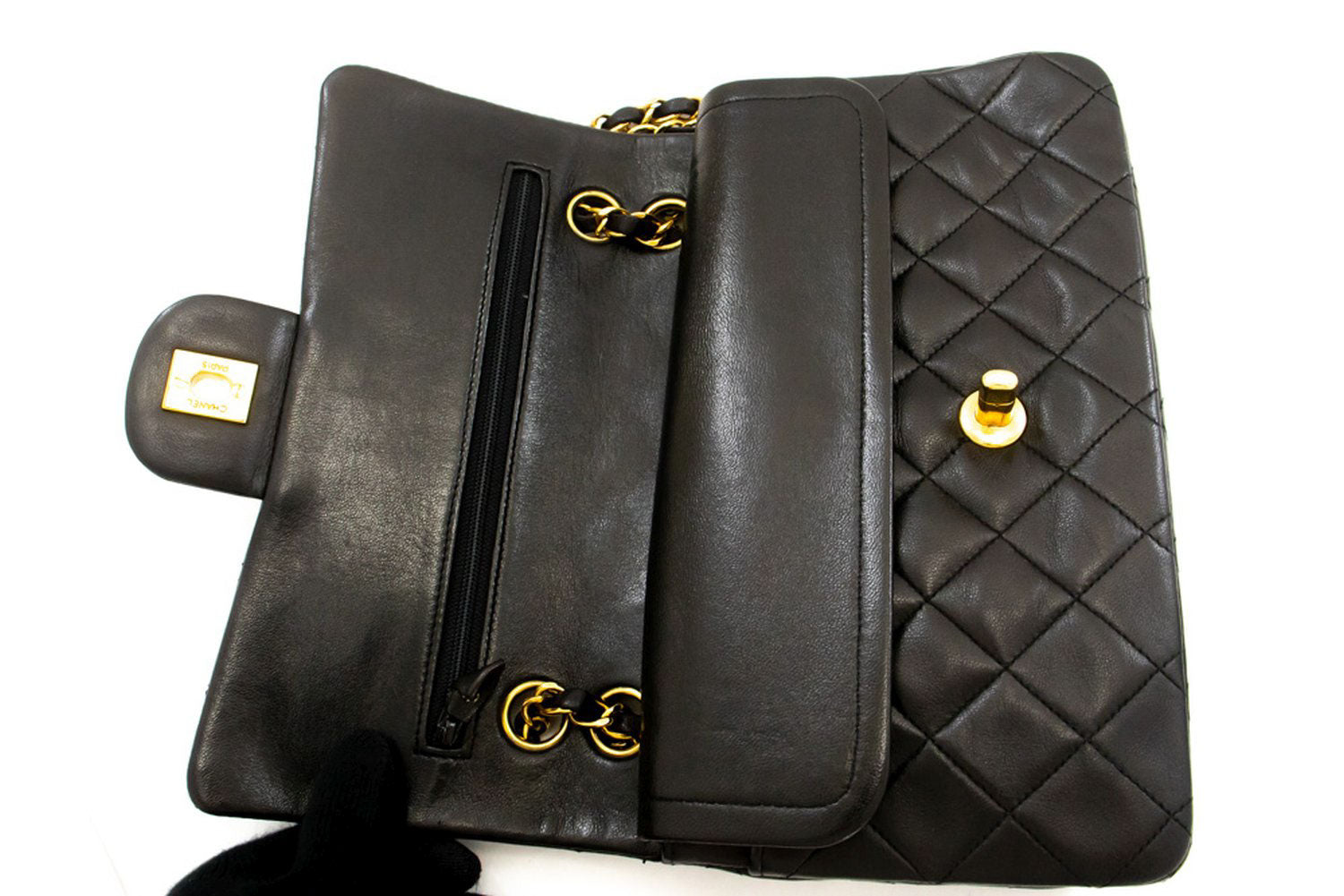 CHANEL Classic Double Flap 9" Chain Shoulder Bag Black Lambskin ai7 hannari-shop