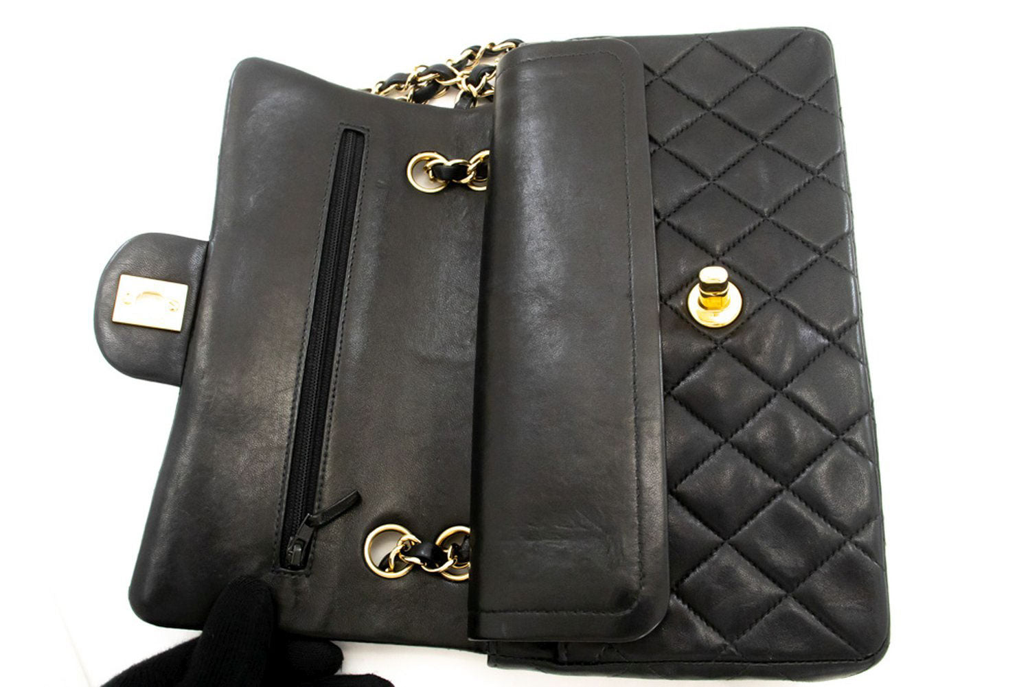 CHANEL Classic Double Flap 9" Chain Shoulder Bag Black Lambskin ai6 hannari-shop