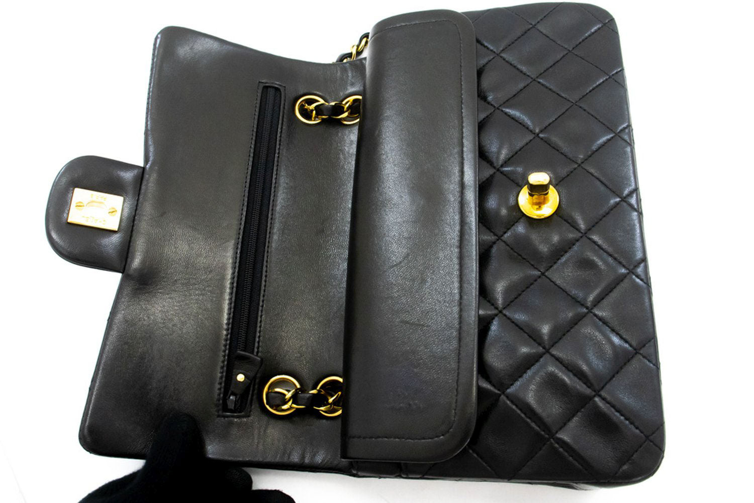 CHANEL Classic Double Flap 9" Chain Shoulder Bag Black Lambskin ai4 hannari-shop
