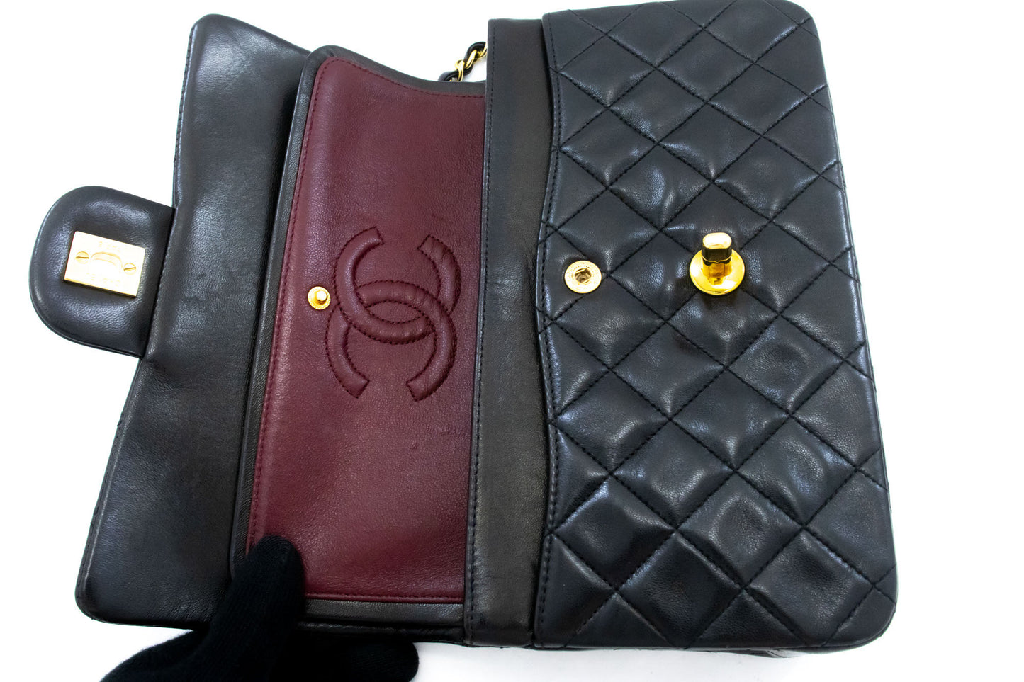 CHANEL Classic Double Flap 9" Chain Shoulder Bag Black Lambskin ai4 hannari-shop