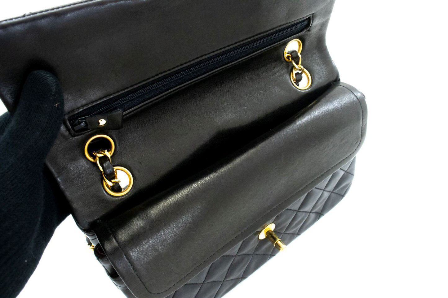 CHANEL Classic Double Flap 9" Chain Shoulder Bag Black Lambskin ah3 hannari-shop