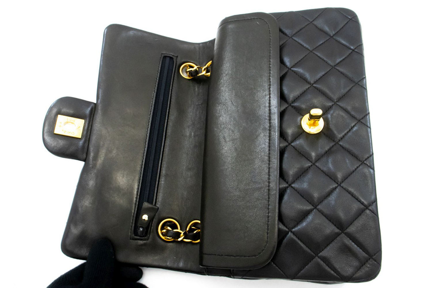 CHANEL Classic Double Flap 9" Chain Shoulder Bag Black Lambskin ah3 hannari-shop