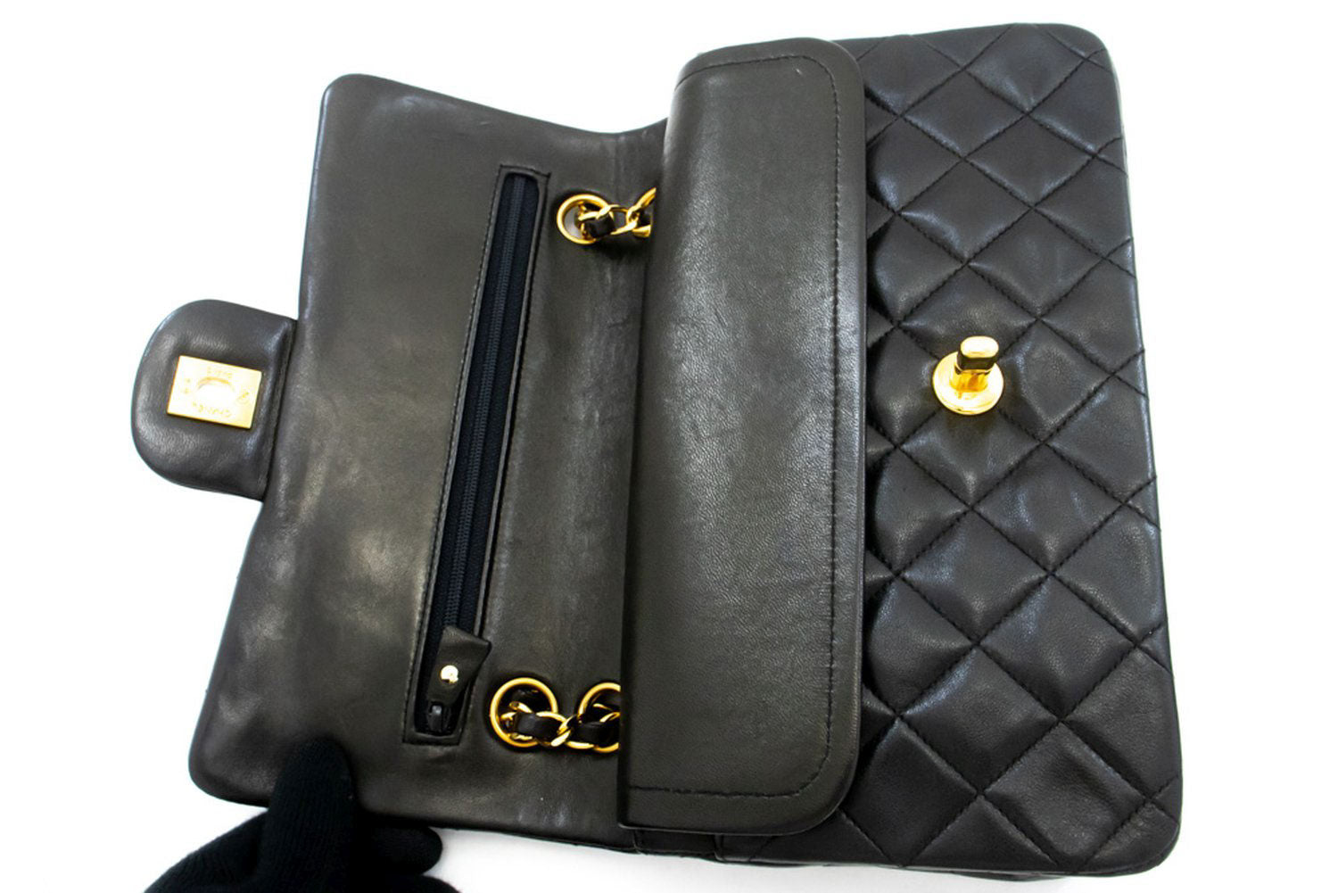 CHANEL Classic Double Flap 9" Chain Shoulder Bag Black Lambskin ah3 hannari-shop