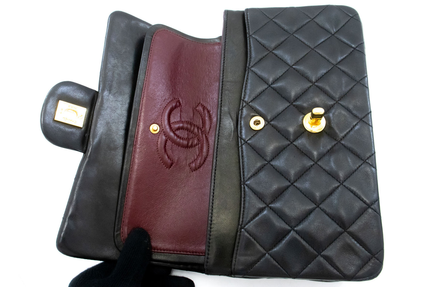 CHANEL Classic Double Flap 9" Chain Shoulder Bag Black Lambskin ah3 hannari-shop