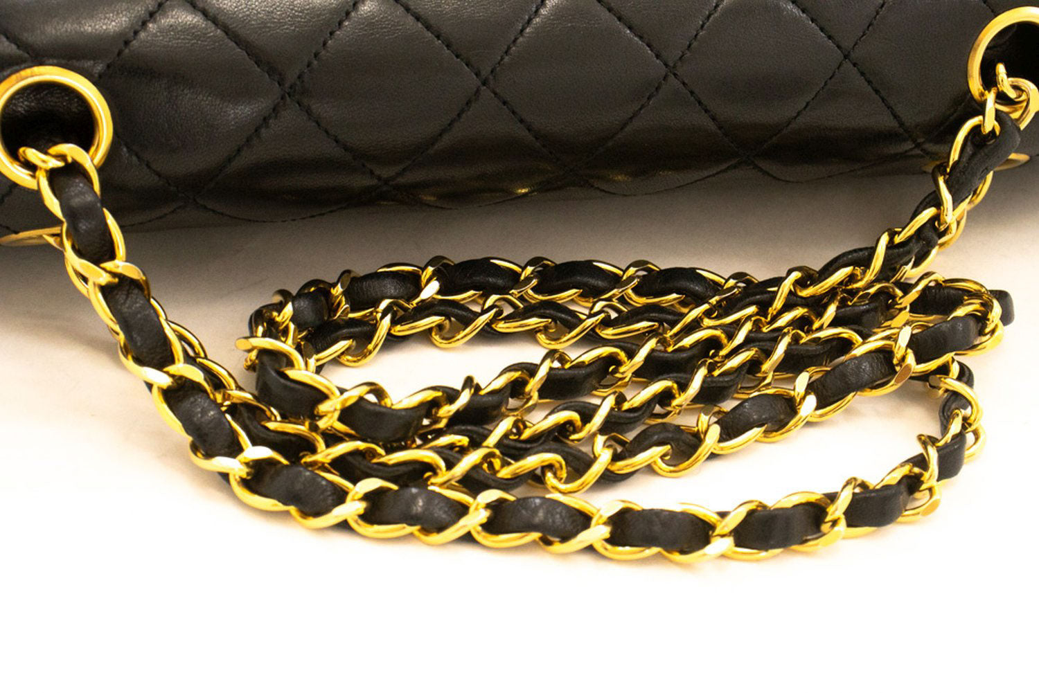 CHANEL Classic Double Flap 10" Chain Shoulder Bag Black Lambskin ah7 hannari-shop