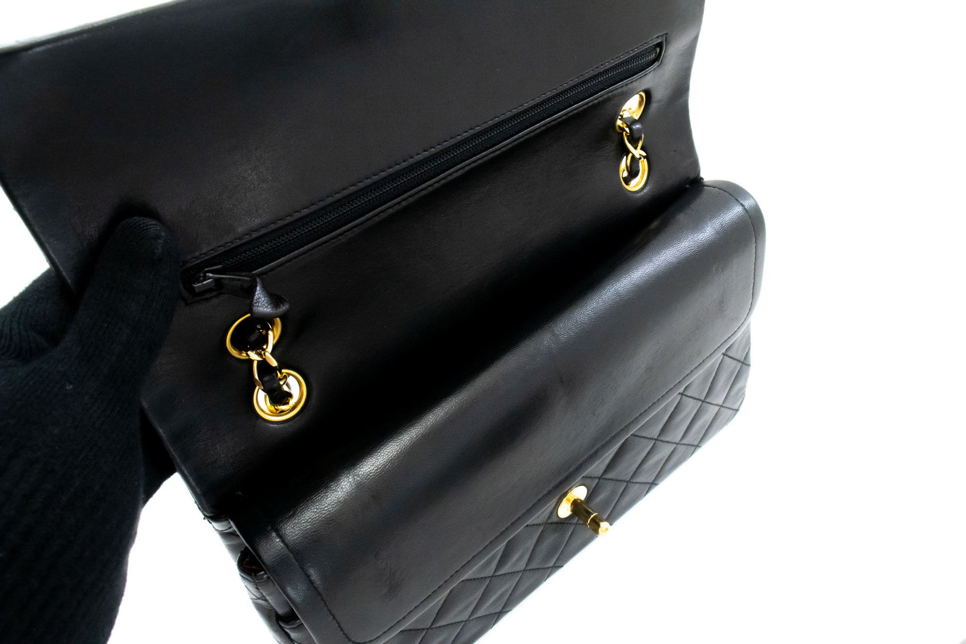 CHANEL Classic Double Flap 10" Chain Shoulder Bag Black Lambskin ah7 hannari-shop