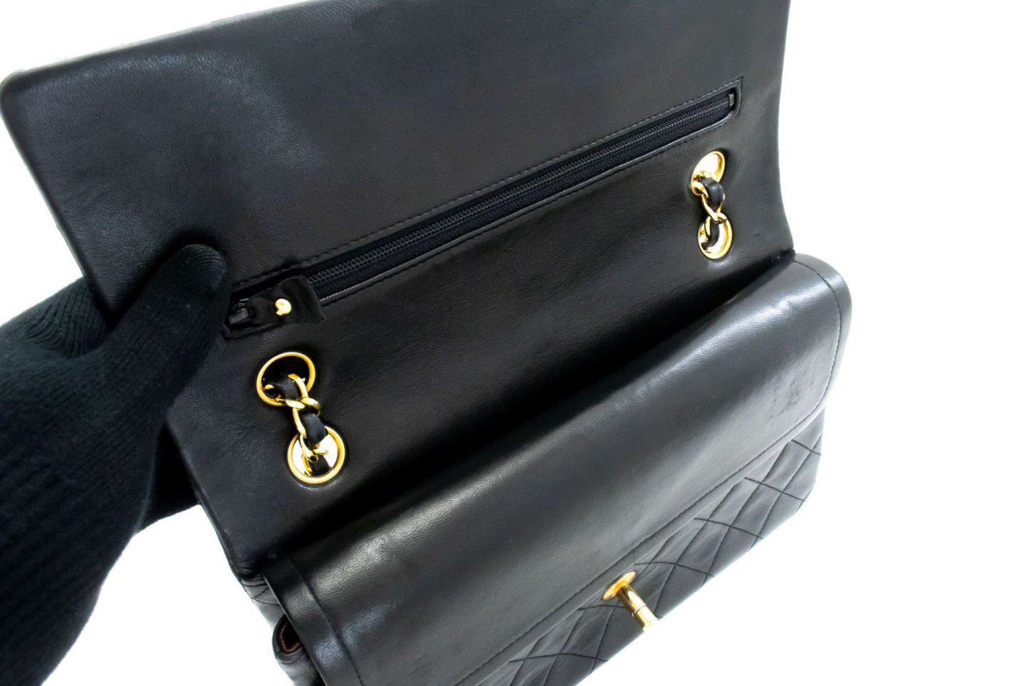 CHANEL Classic Double Flap 10" Chain Shoulder Bag Black Lambskin aj9 hannari-shop