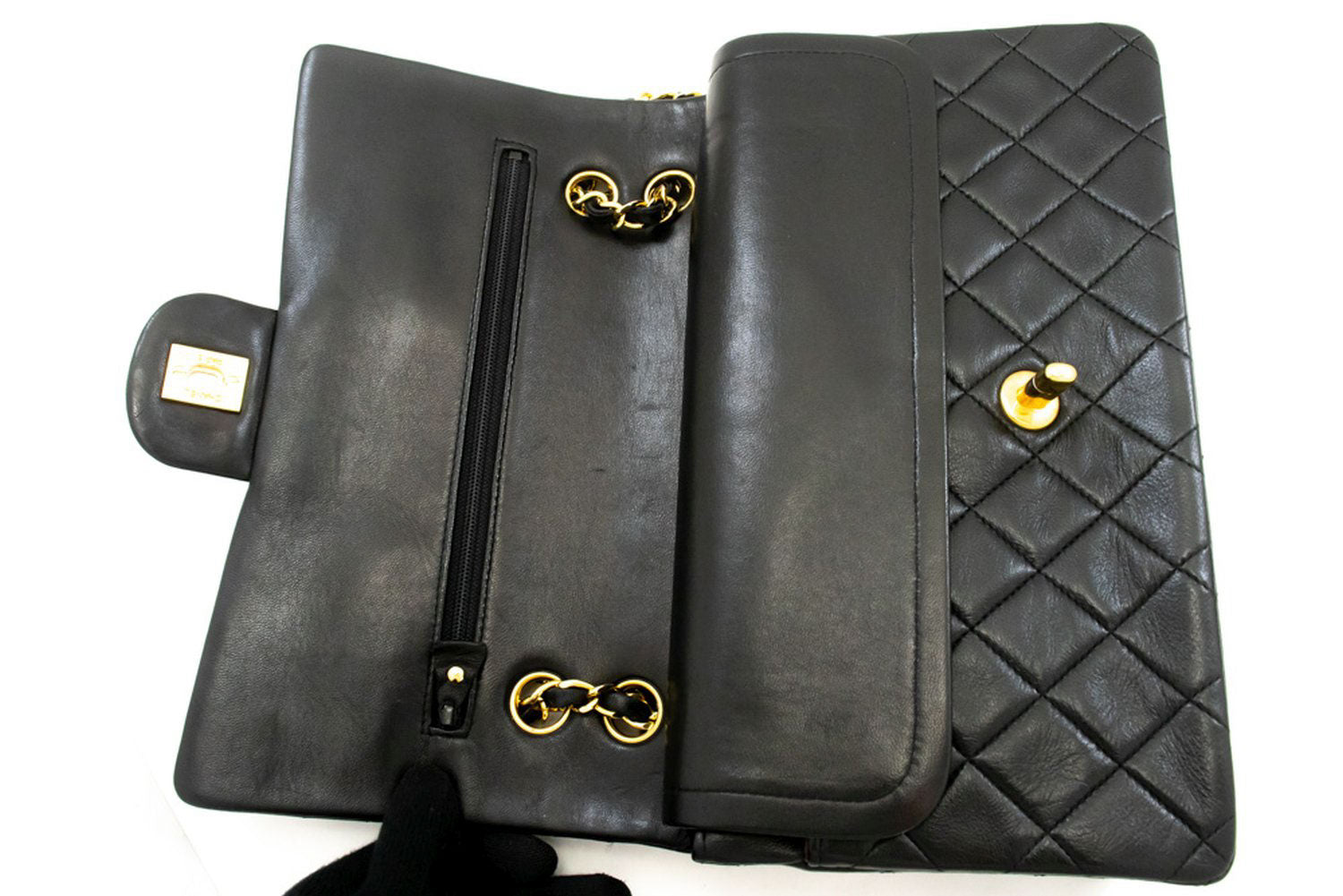 CHANEL Classic Double Flap 10" Chain Shoulder Bag Black Lambskin aj9 hannari-shop