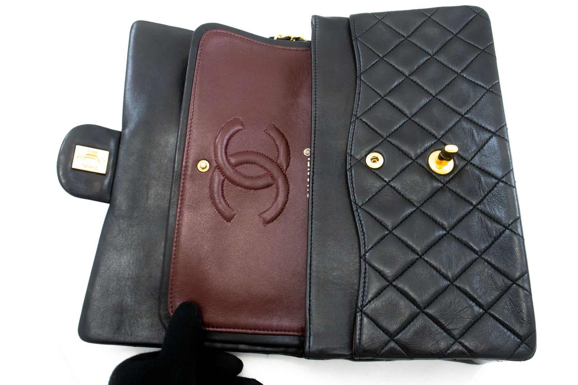 CHANEL Classic Double Flap 10" Chain Shoulder Bag Black Lambskin aj9 hannari-shop