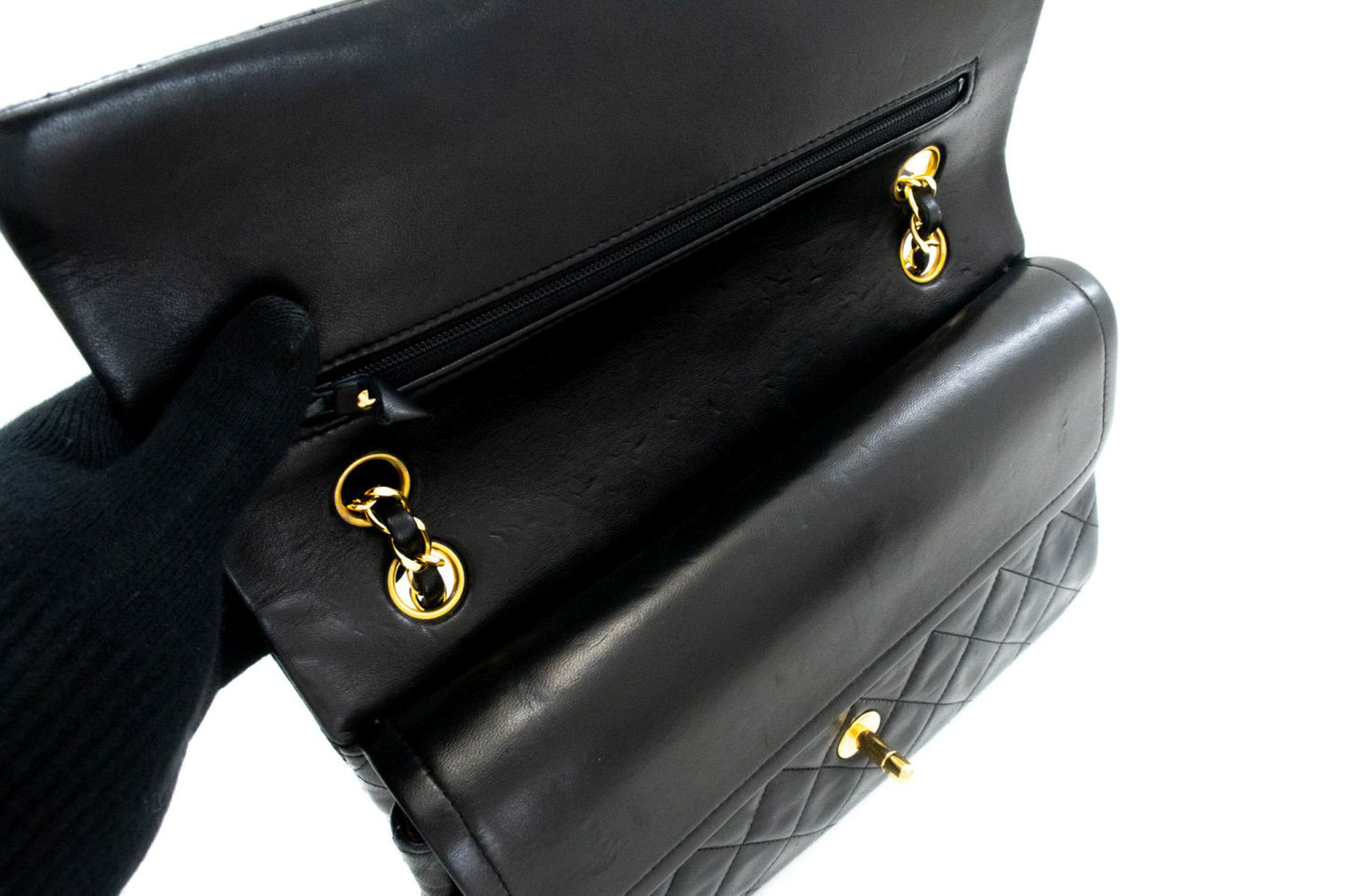 CHANEL Classic Double Flap 10" Chain Shoulder Bag Black Lambskin ak3 hannari-shop