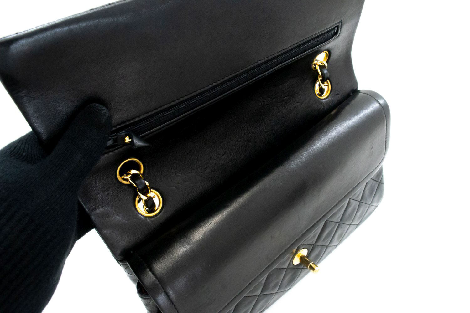 CHANEL Classic Double Flap 10" Chain Shoulder Bag Black Lambskin ak3 hannari-shop