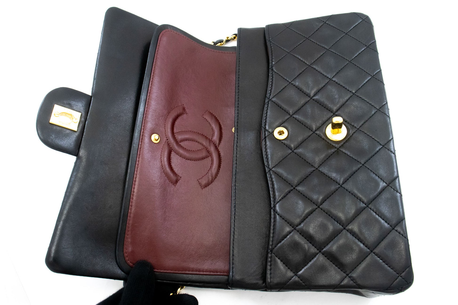CHANEL Classic Double Flap 10" Chain Shoulder Bag Black Lambskin ak3 hannari-shop