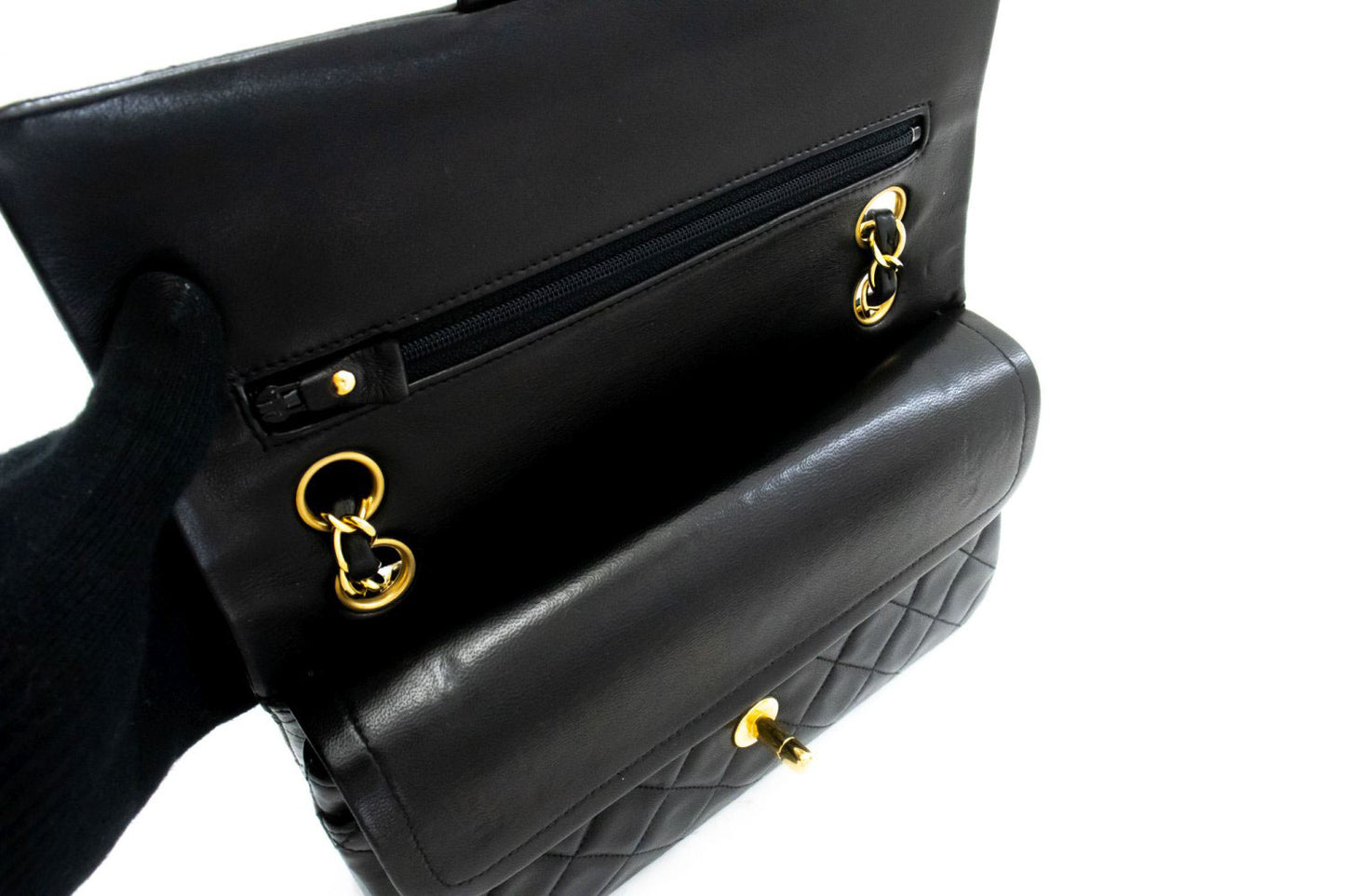 CHANEL Classic Double Flap 9" Chain Shoulder Bag Black Lambskin aj4 hannari-shop