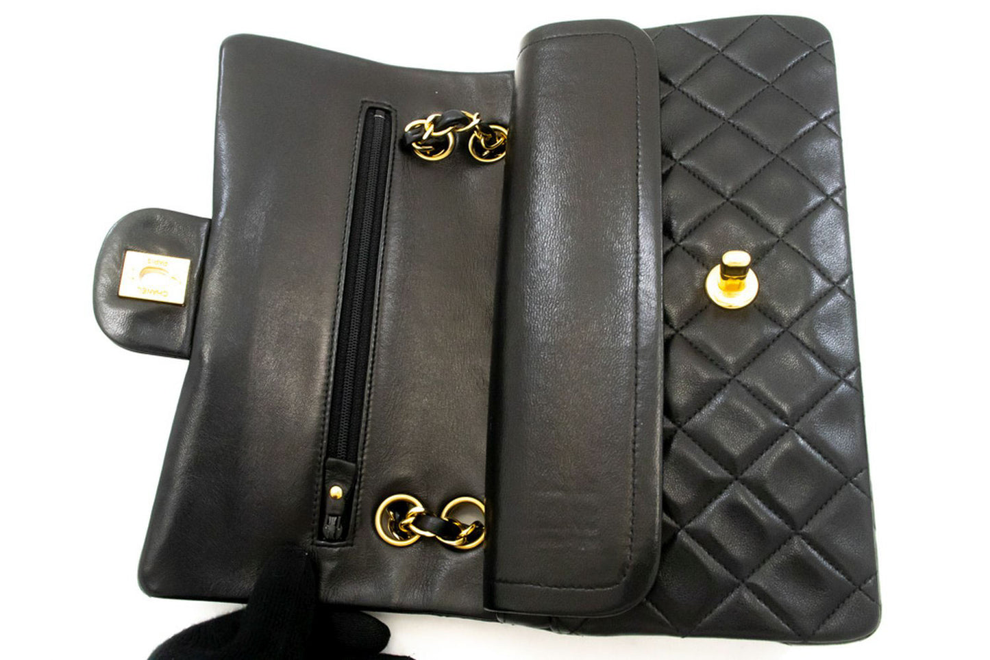 CHANEL Classic Double Flap 9" Chain Shoulder Bag Black Lambskin aj4 hannari-shop