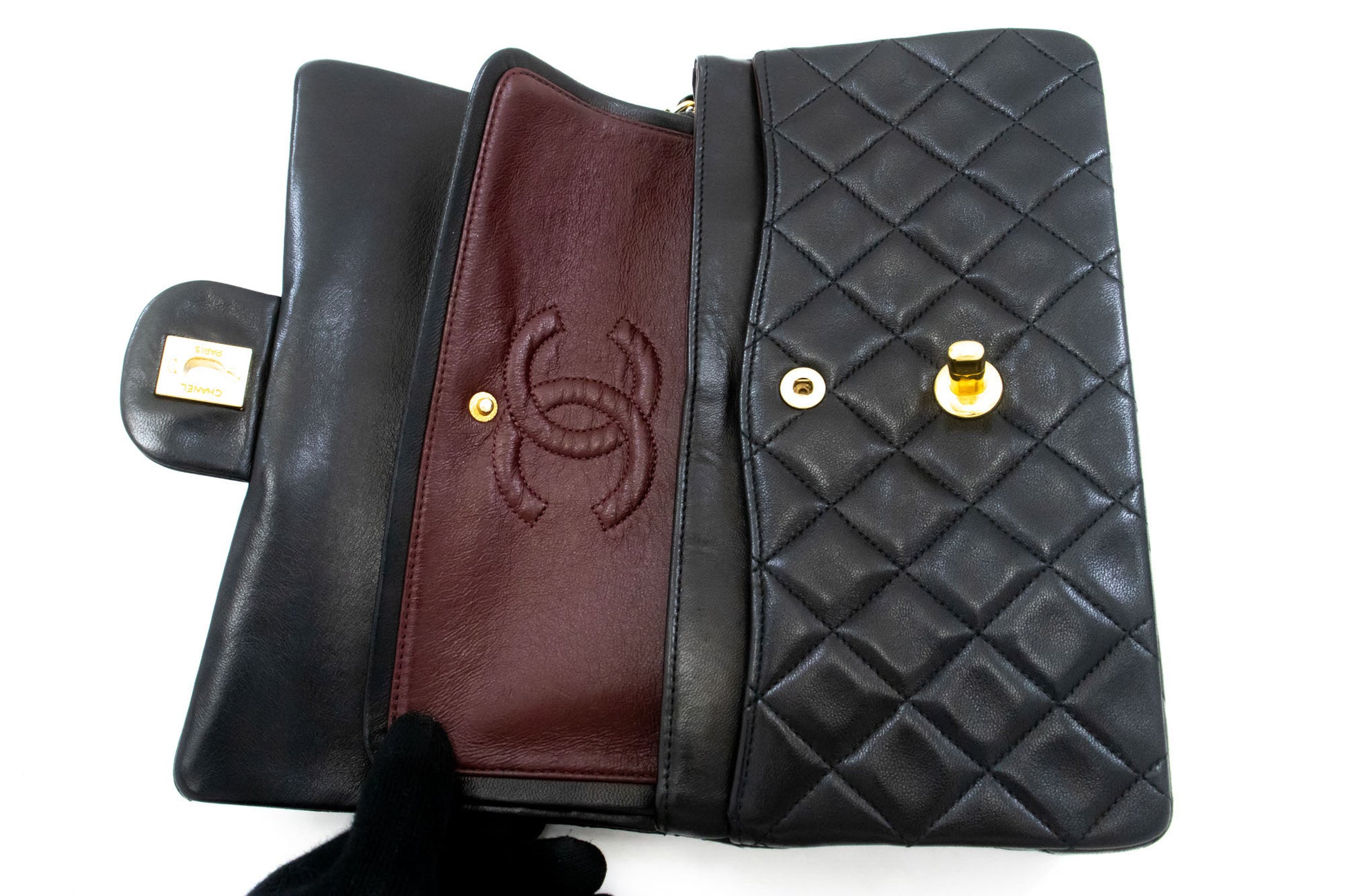 CHANEL Classic Double Flap 9" Chain Shoulder Bag Black Lambskin aj4 hannari-shop