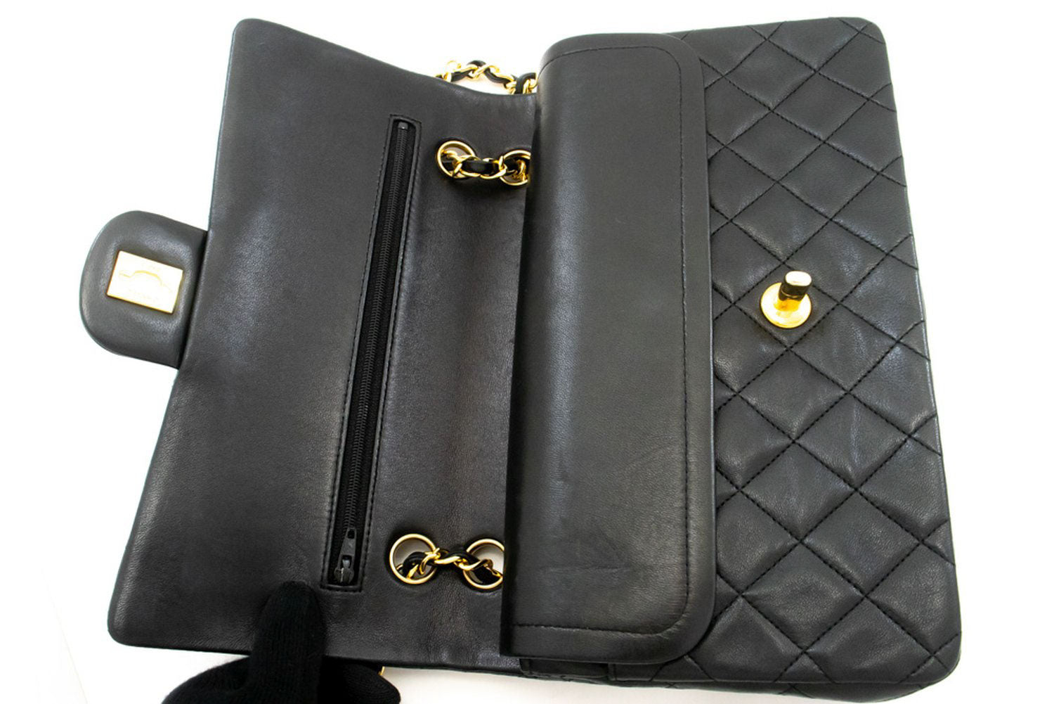CHANEL Classic Double Flap 10" Chain Shoulder Bag Black Lambskin aj5 hannari-shop