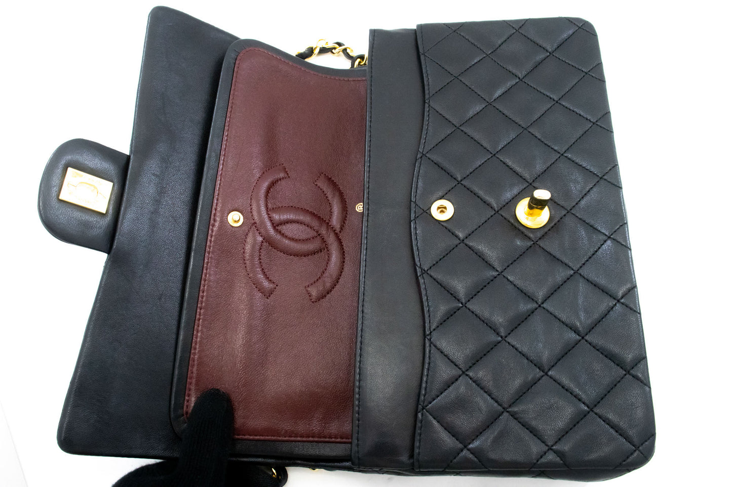 CHANEL Classic Double Flap 10" Chain Shoulder Bag Black Lambskin aj5 hannari-shop