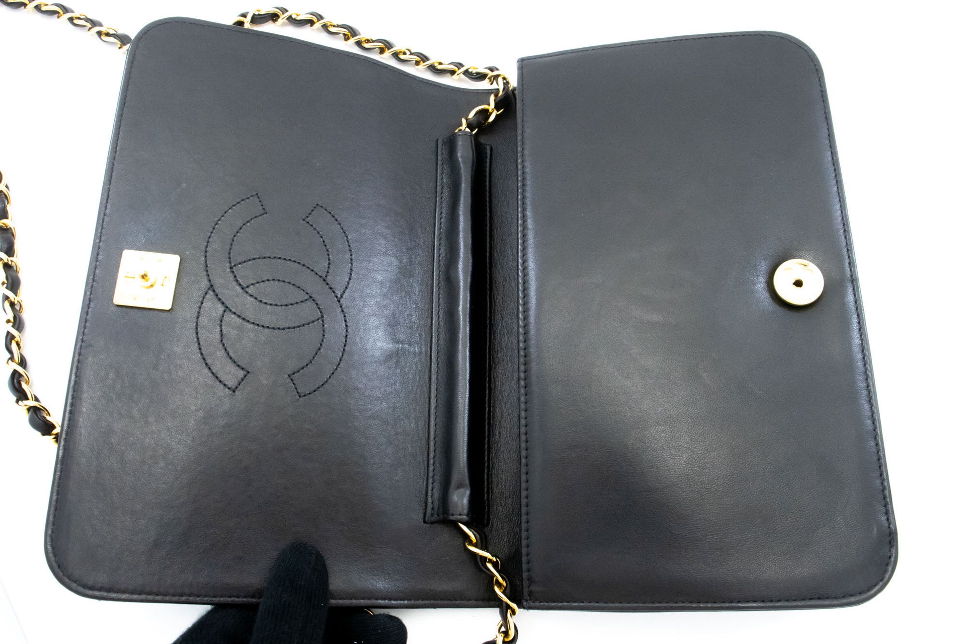 CHANEL Full Flap Chain Shoulder Bag Clutch Black Quilted Lambskin aj6 hannari-shop