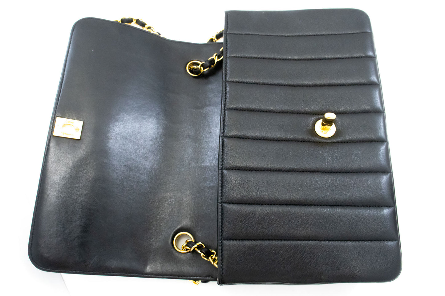 CHANEL Stripe Single Flap Chain Shoulder Bag Black Quilted aj3 hannari-shop