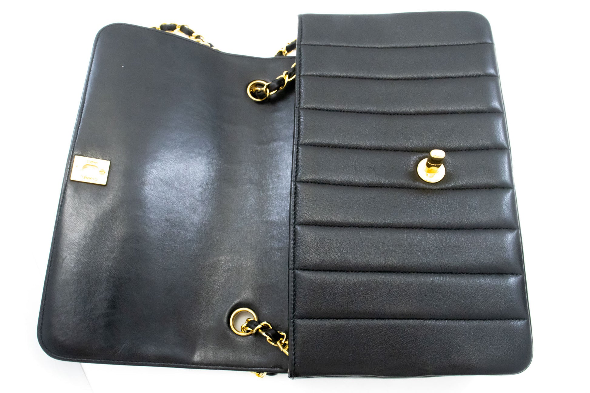 CHANEL Stripe Single Flap Chain Shoulder Bag Black Quilted aj3 hannari-shop