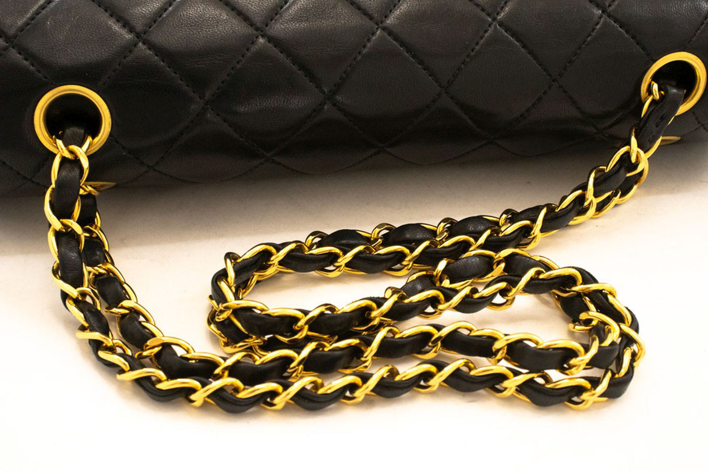CHANEL Classic Double Flap 10" Chain Shoulder Bag Black Lambskin aj8 hannari-shop