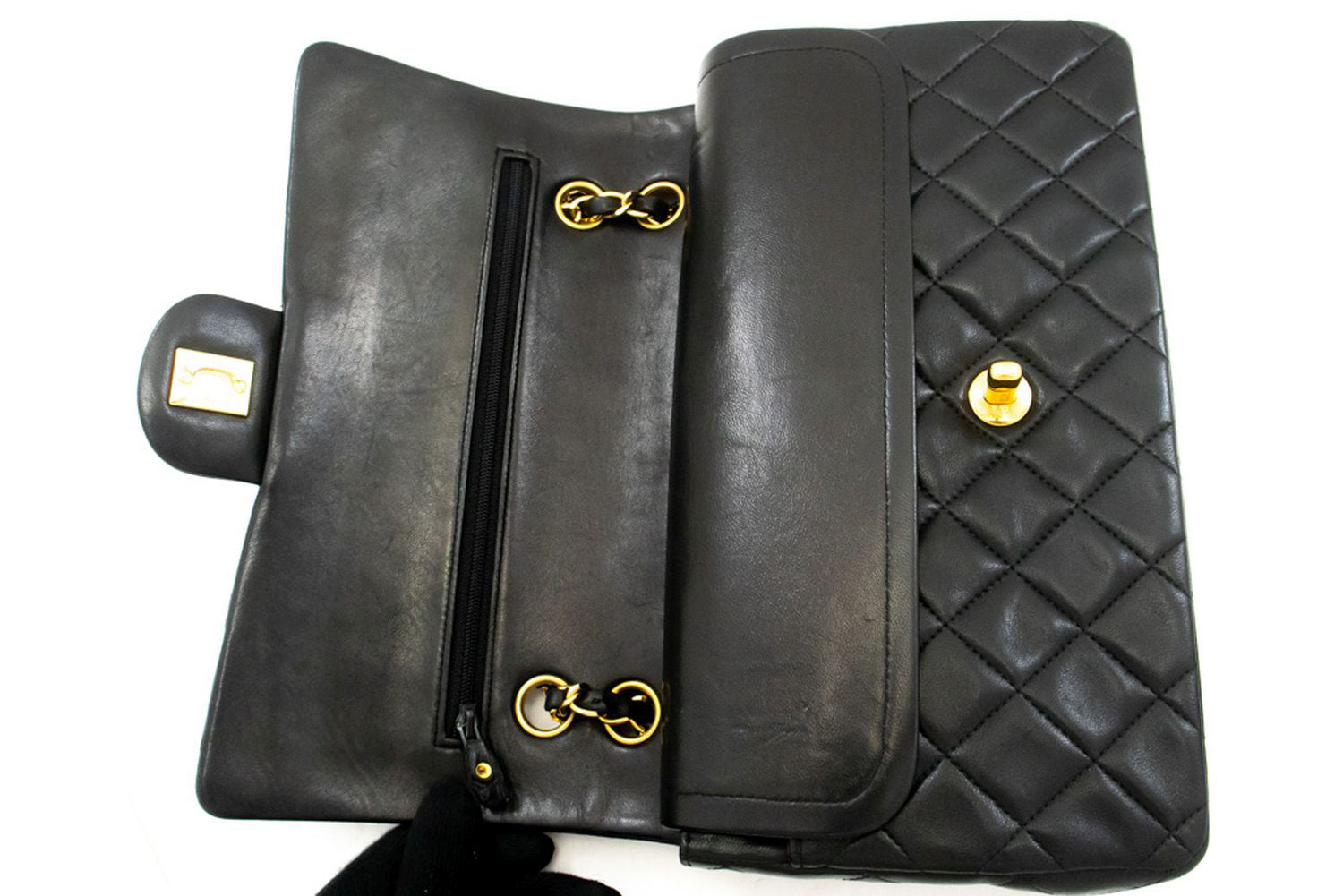CHANEL Classic Double Flap 10" Chain Shoulder Bag Black Lambskin aj8 hannari-shop