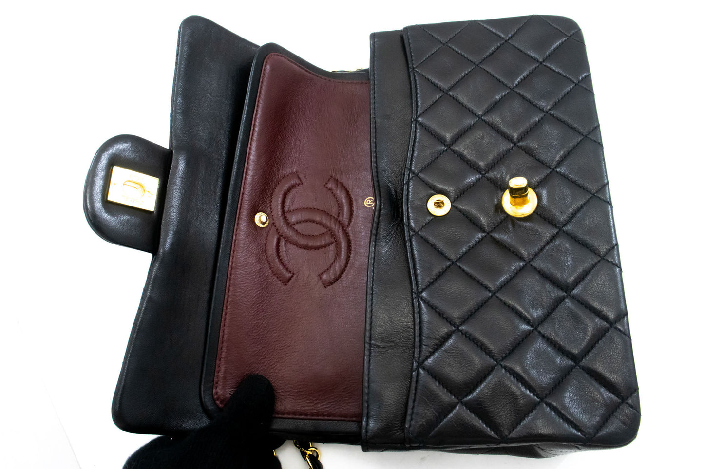 CHANEL Classic Double Flap 9" Chain Shoulder Bag Black Lambskin aj7 hannari-shop