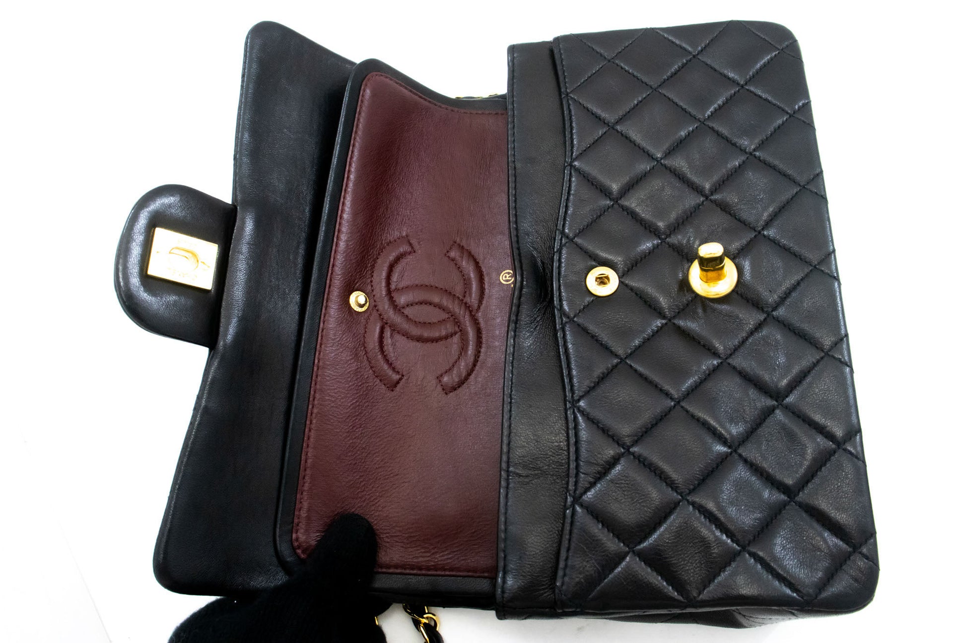 CHANEL Classic Double Flap 9" Chain Shoulder Bag Black Lambskin aj7 hannari-shop