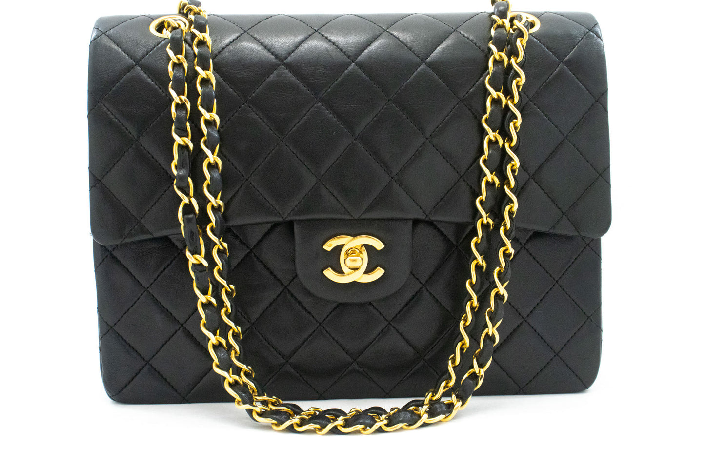 CHANEL Classic Double Flap Square Chain Shoulder Bag Black Lamb ah5 hannari-shop
