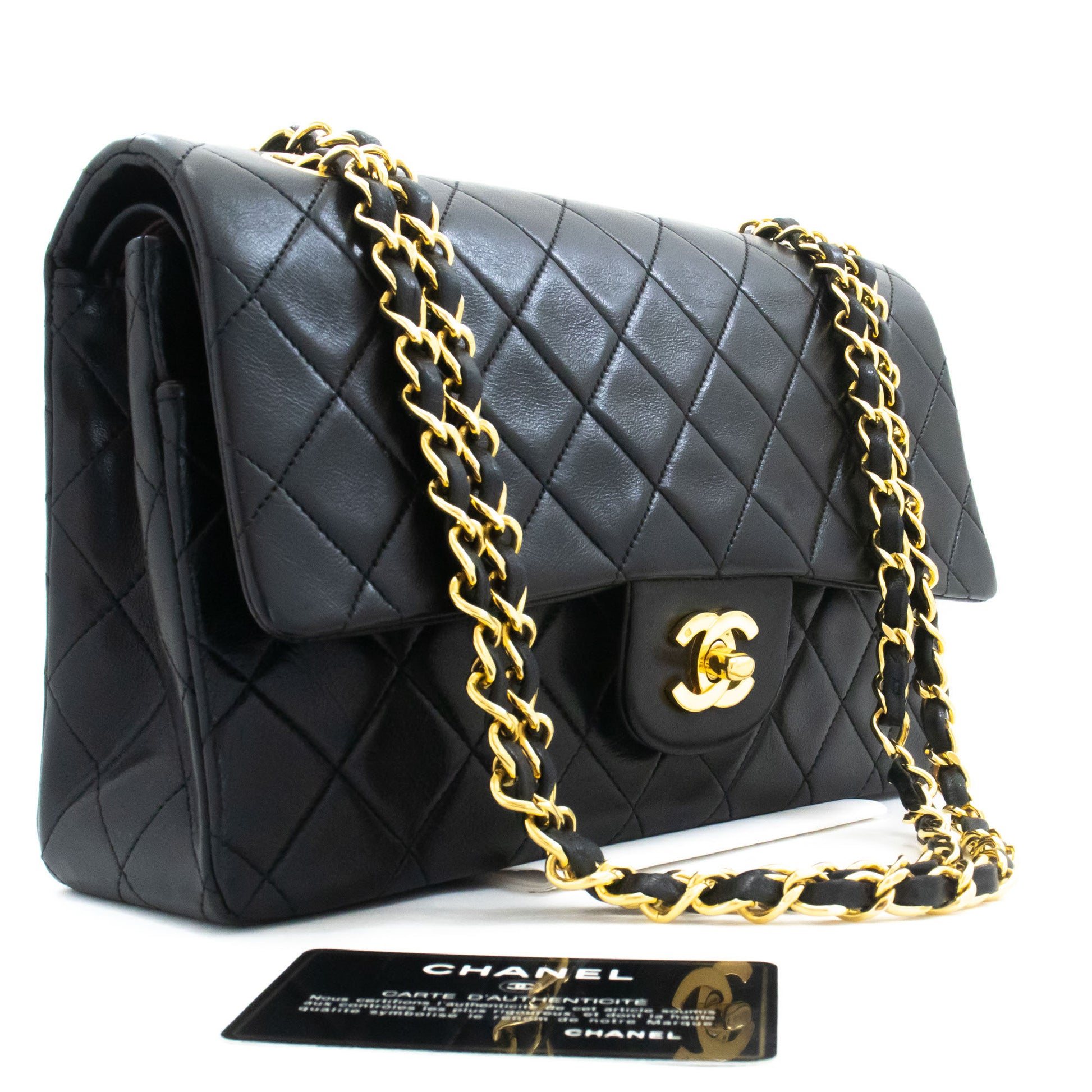 CHANEL Classic Double Flap 10" Chain Shoulder Bag Black Lambskin aj9 hannari-shop