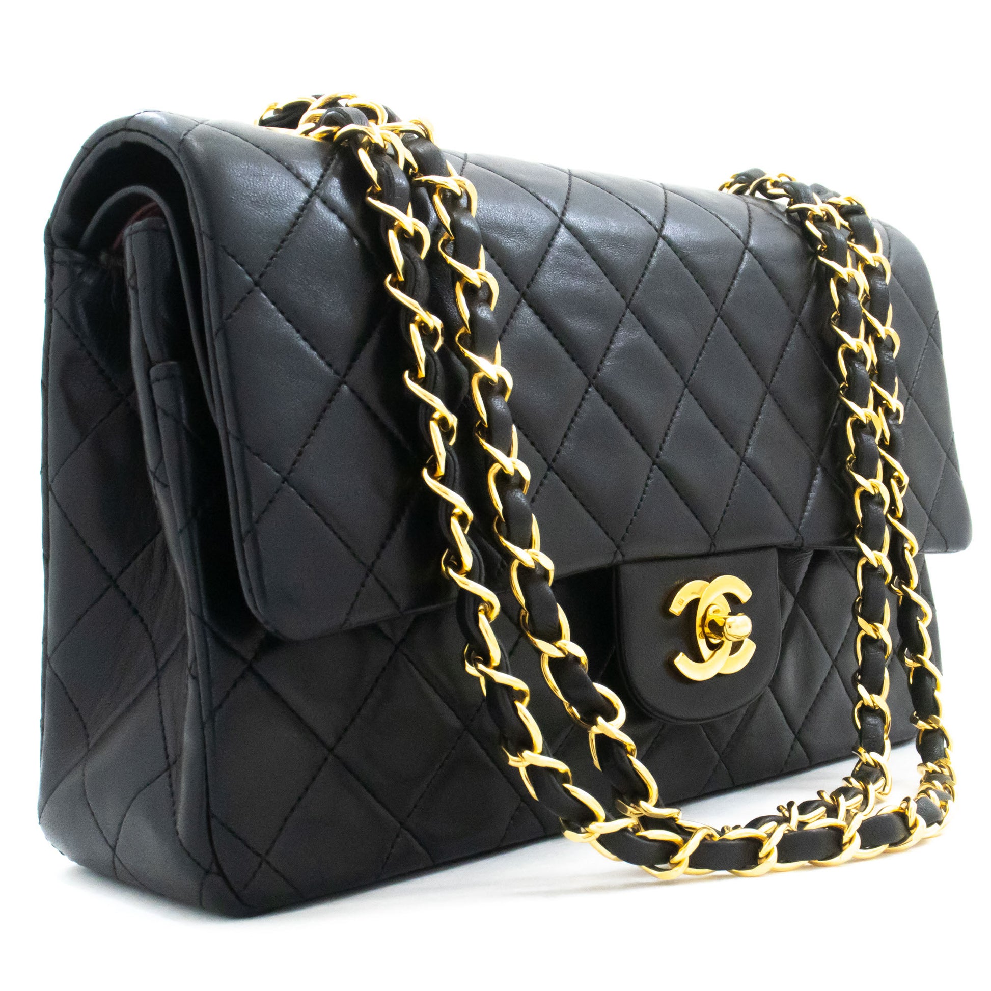 CHANEL Classic Double Flap 10" Chain Shoulder Bag Black Lambskin ak3 hannari-shop