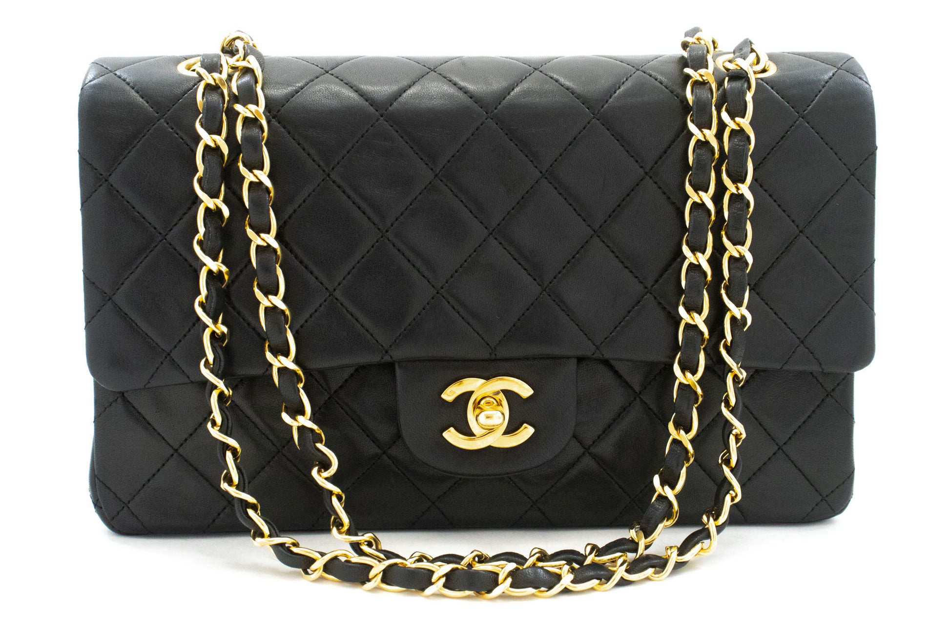 CHANEL Classic Double Flap 10" Chain Shoulder Bag Black Lambskin ak3 hannari-shop