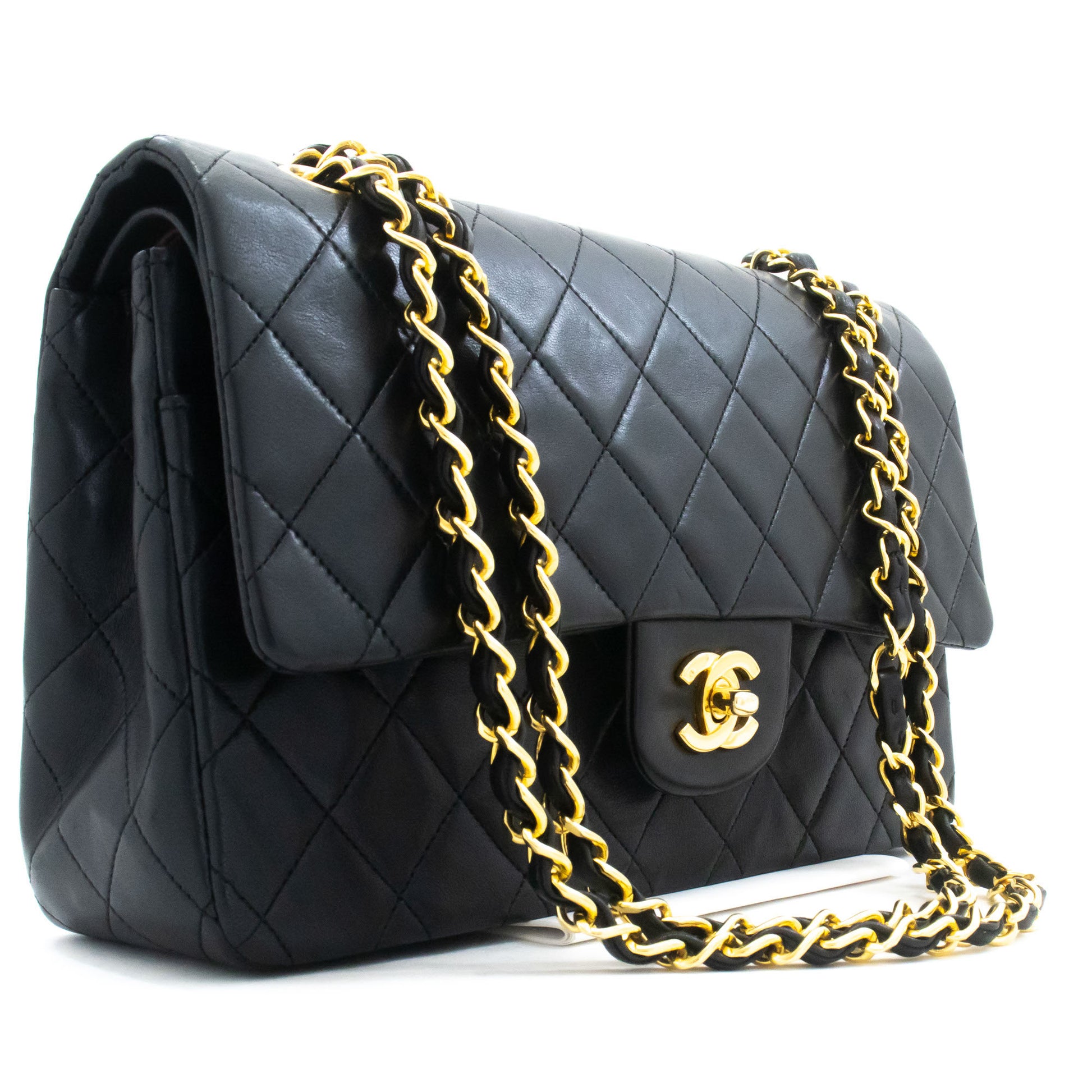 CHANEL Classic Double Flap 10" Chain Shoulder Bag Black Lambskin aj5 hannari-shop