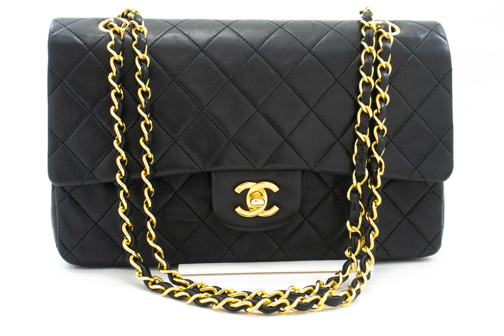 CHANEL Classic Double Flap 10" Chain Shoulder Bag Black Lambskin aj5 hannari-shop