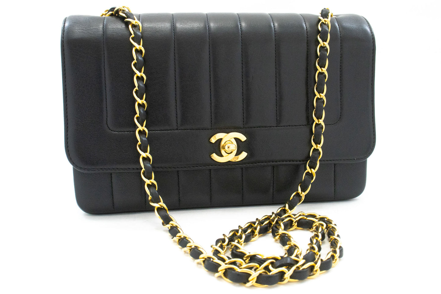 CHANEL Stripe Single Flap Chain Shoulder Bag Black Quilted aj3 hannari-shop