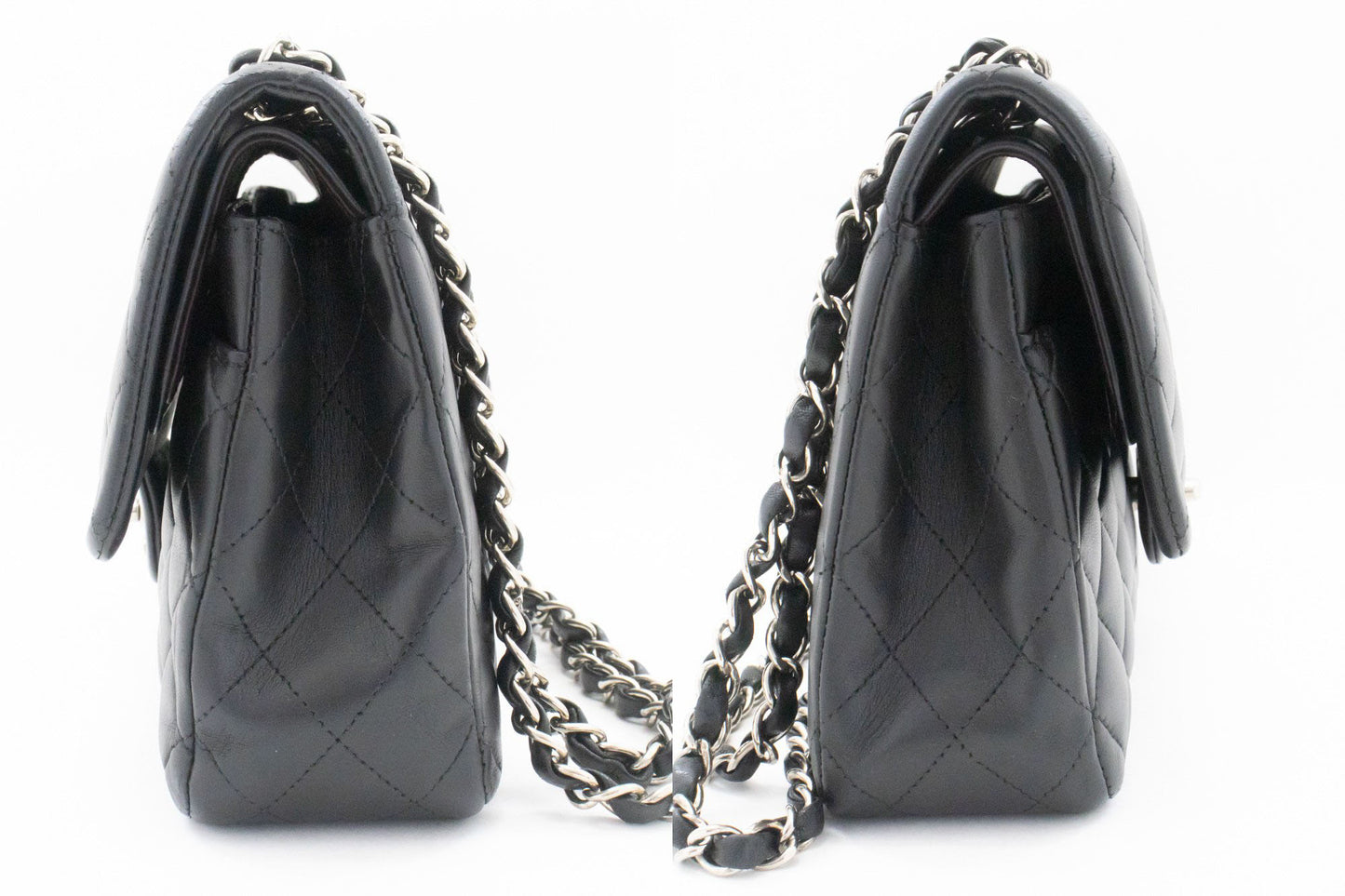 CHANEL Classic Double Flap 10" Silver Chain Shoulder Bag Black ai1 hannari-shop