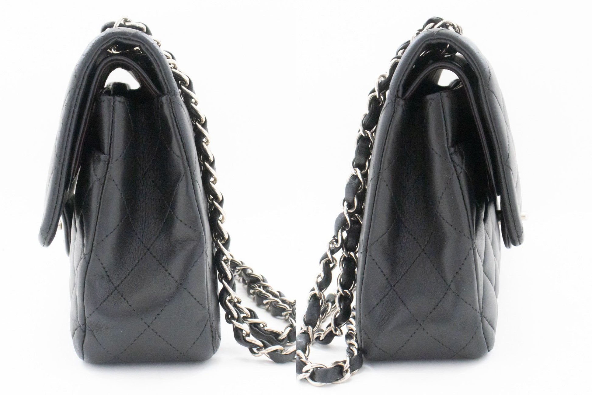 CHANEL Classic Double Flap 10" Silver Chain Shoulder Bag Black ai1 hannari-shop