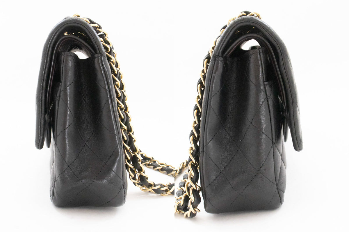 CHANEL Classic Double Flap 10" Chain Shoulder Bag Black Lambskin aq1 — side hannari-shop