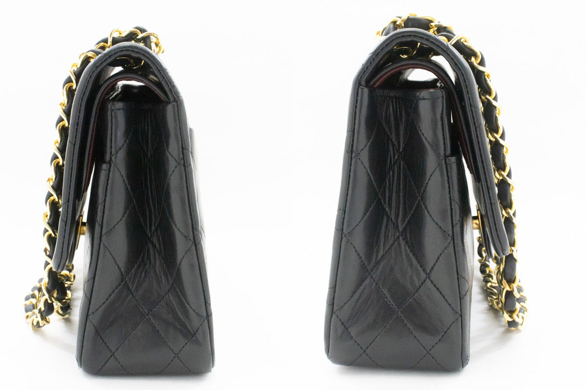 CHANEL Classic Double Flap 10" Chain Shoulder Bag Black Lambskin ao6 — side hannari-shop