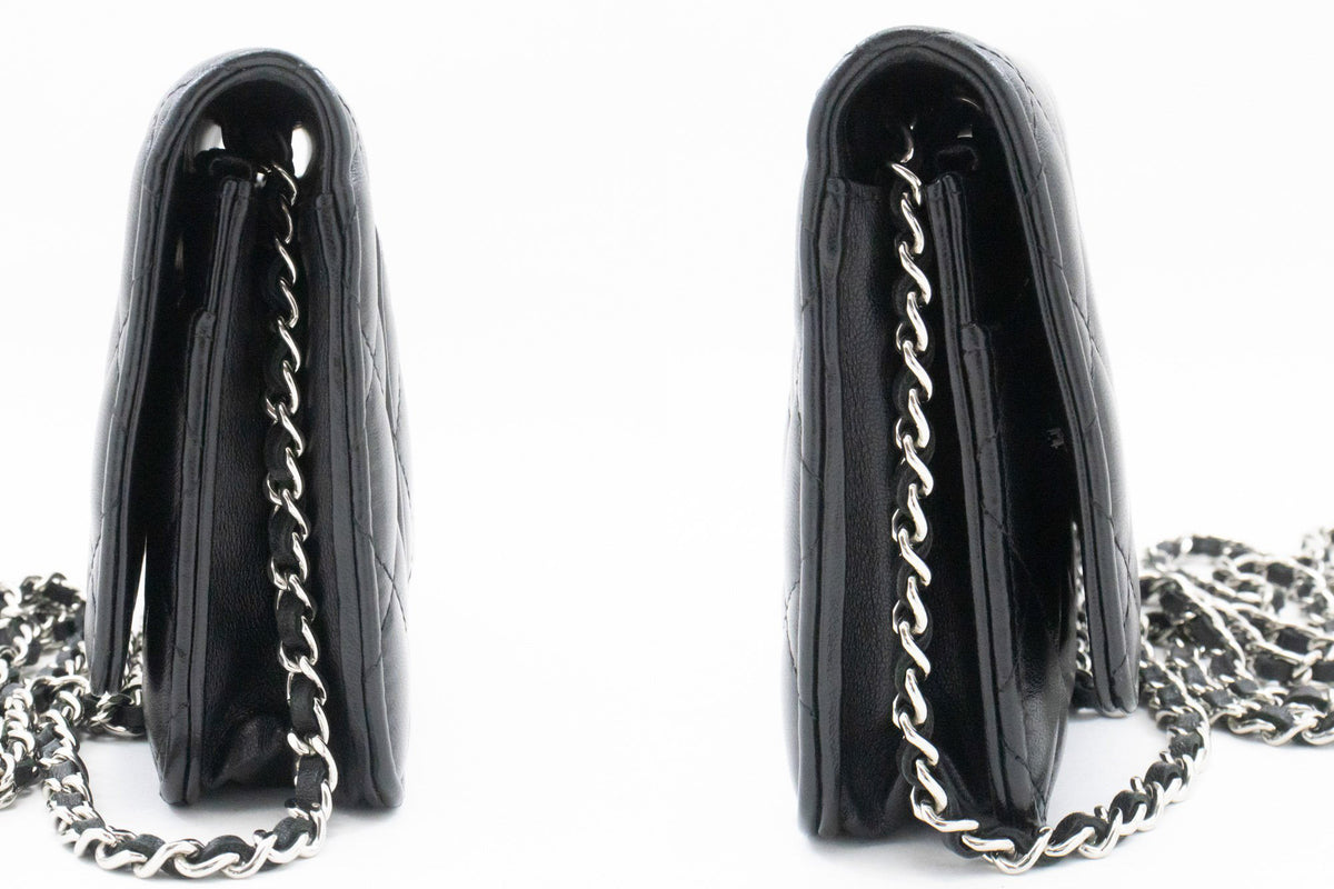 CHANEL Black Classic Wallet On Chain WOC Shoulder Bag Lambskin SV ap8 — side hannari-shop