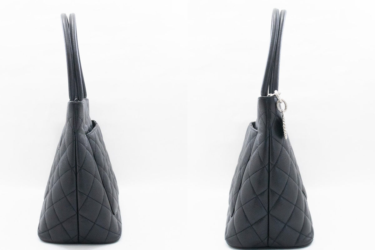 CHANEL Silver Medallion Grained Calfskin Leather Shoulder Bag ap3 — side hannari-shop
