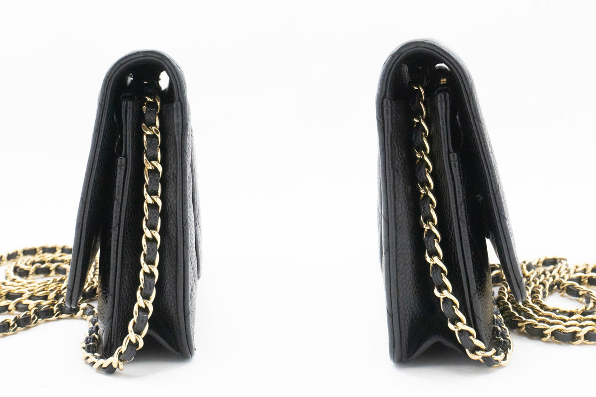 CHANEL Grained Calfskin Wallet On Chain WOC Black Shoulder Bag ap1 — side hannari-shop