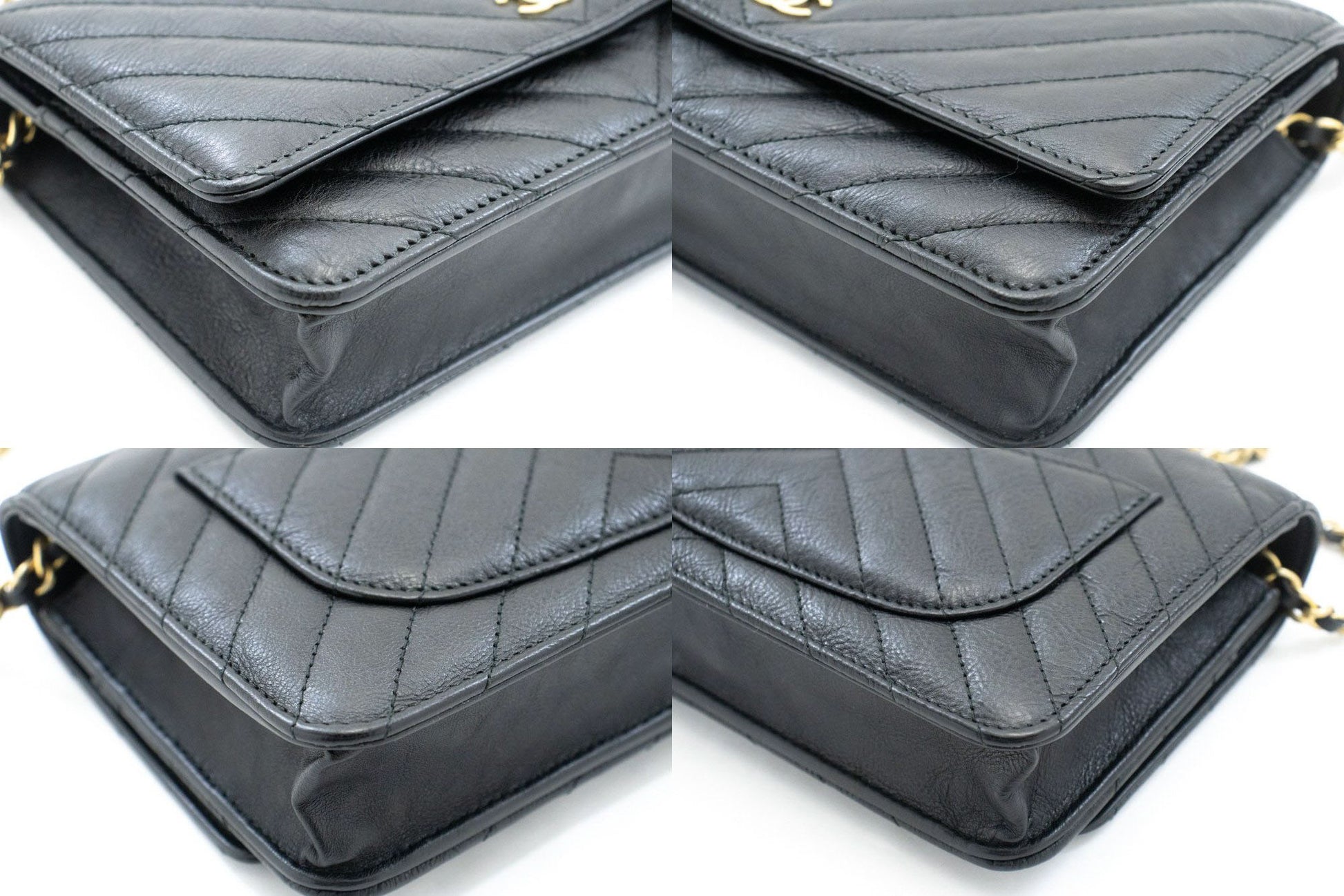 CHANEL V-Stitch Calfskin Wallet On Chain WOC Chain Shoulder Bag ab2 hannari-shop