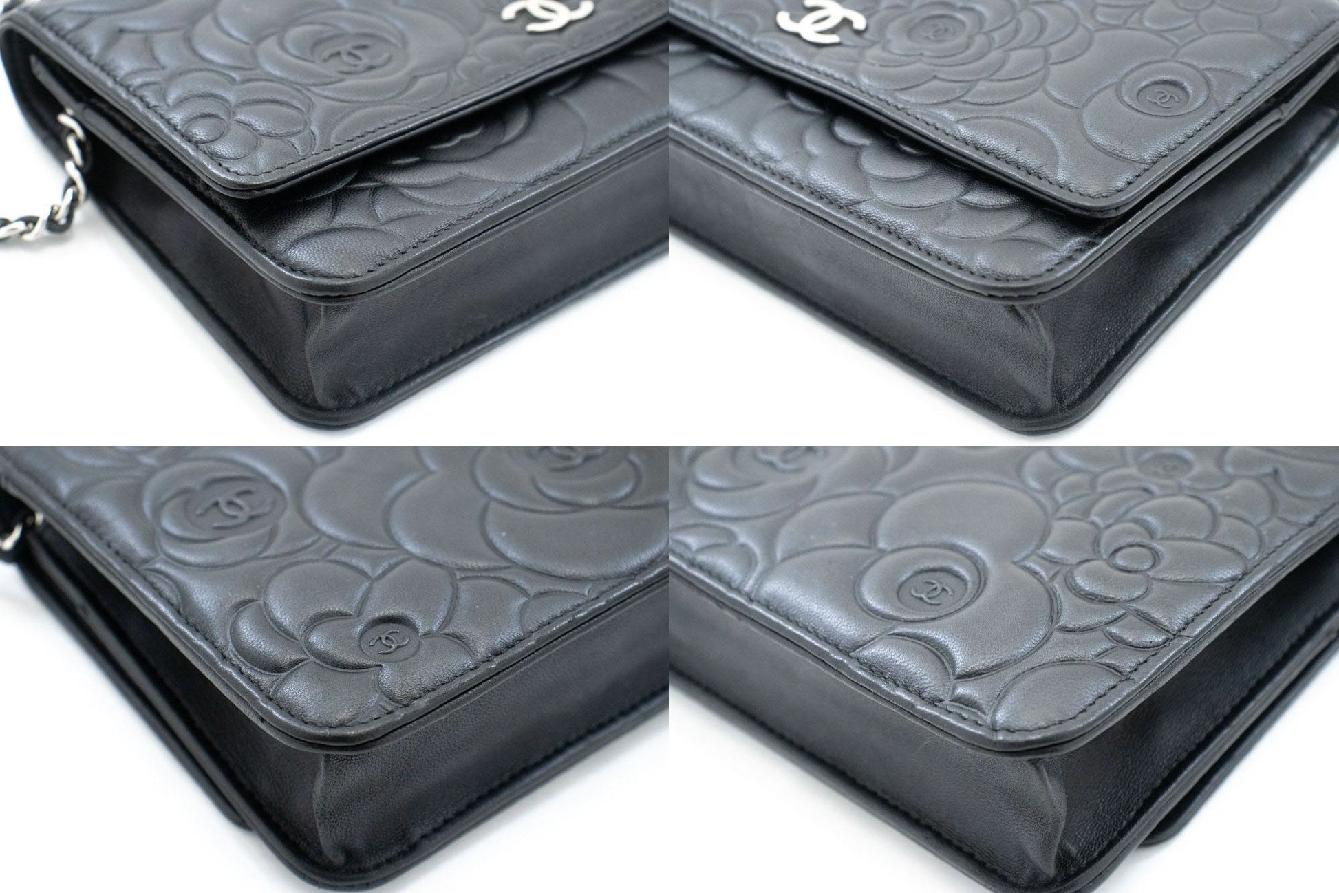 CHANEL Black Camellia Embossed Wallet On Chain WOC Shoulder Bag ab6 hannari-shop