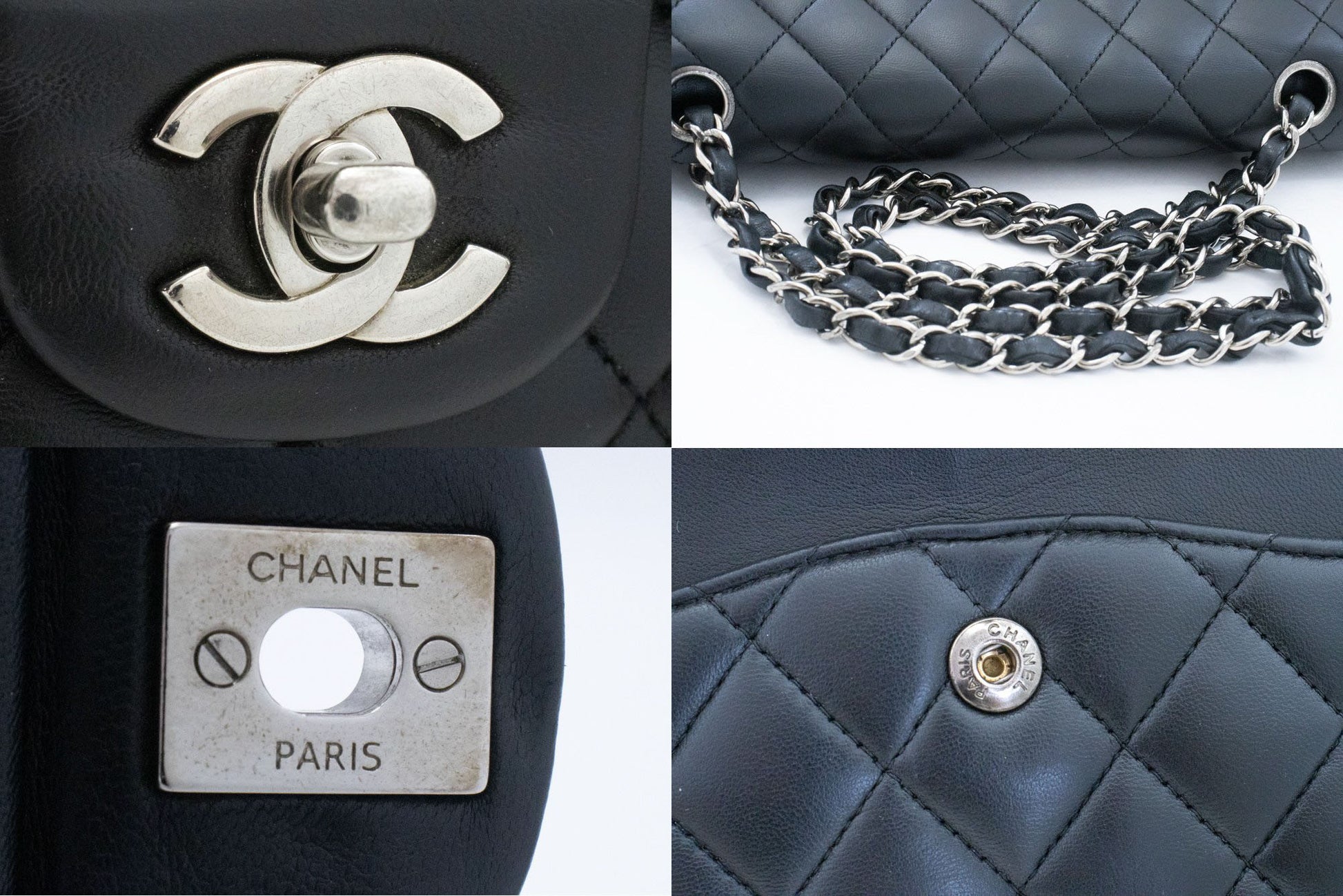 CHANEL Classic Double Flap 10" Silver Chain Shoulder Bag Black ai1 hannari-shop