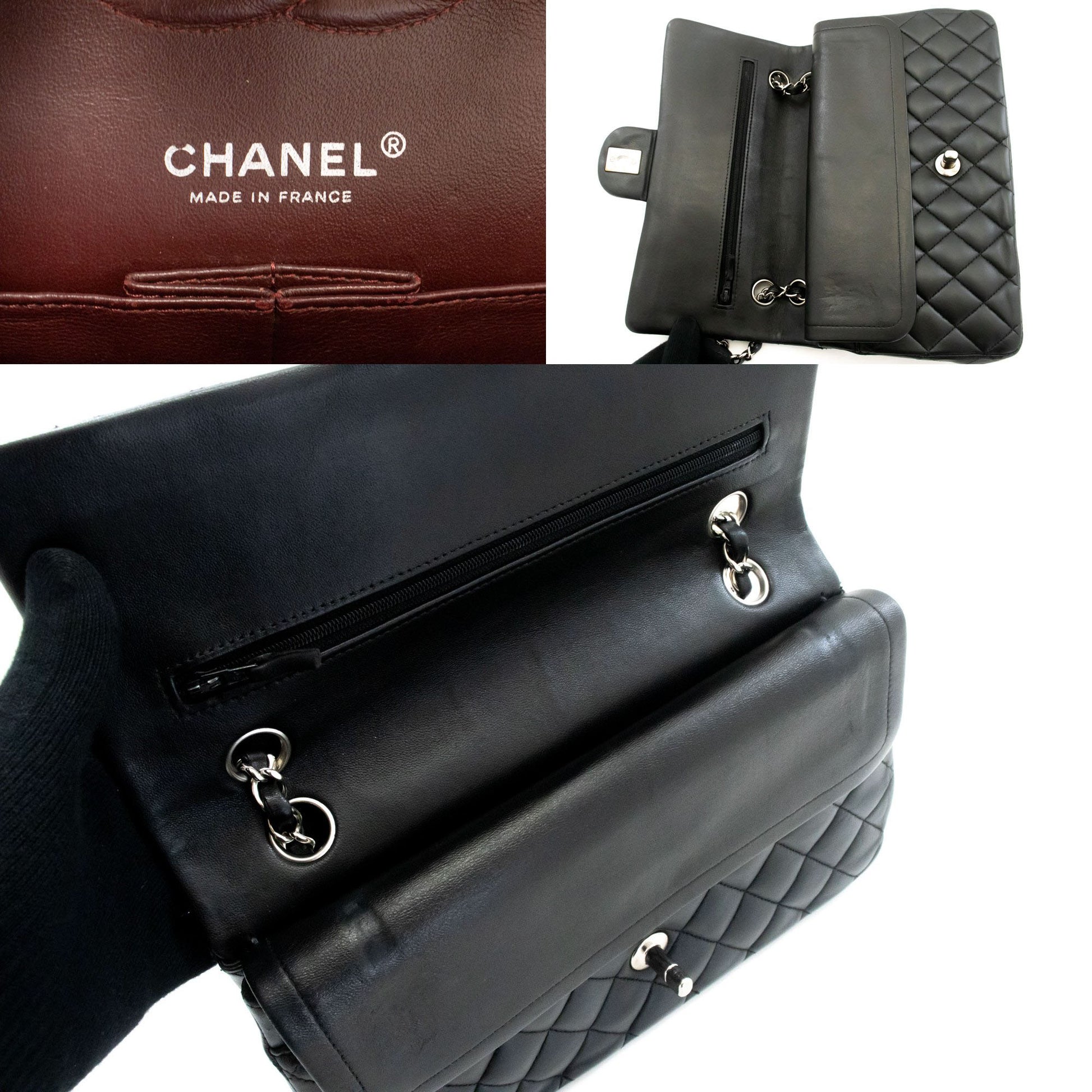 CHANEL Classic Double Flap 10" Silver Chain Shoulder Bag Black ai1 hannari-shop