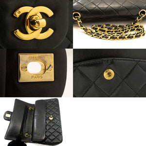 CHANEL Classic Double Flap 10" Chain Shoulder Bag Black Lambskin p99 hannari-shop