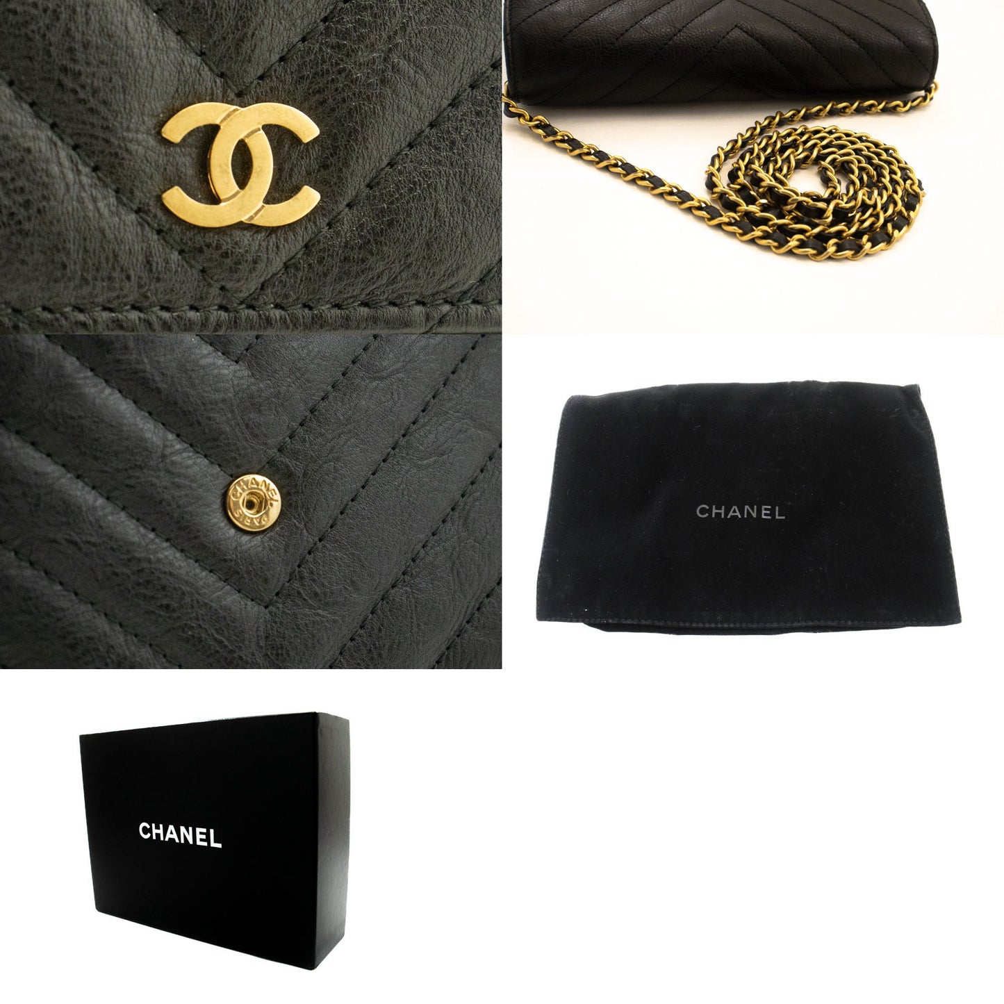 CHANEL V-Stitch Calfskin Wallet On Chain WOC Chain Shoulder Bag ab2 hannari-shop